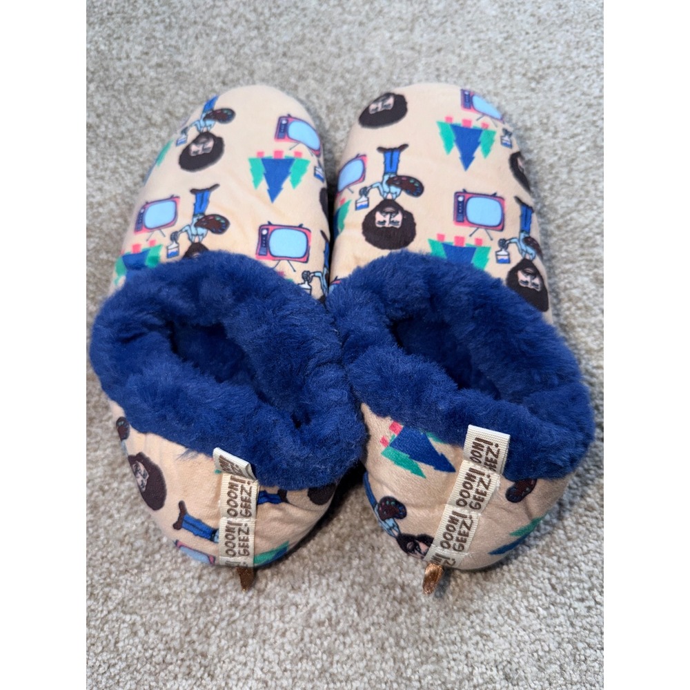 Ooh Geez Bob Ross Happy Little Trees Slipper Socks Womens 7-8 Tan Blue Faux Fur